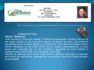 Líder siempre		                   HISTORIA 2do AÑO  - A –B  - C   2010 DOCENTES:   MAG. ALEX SÁNCHEZ HUARCAYA LIC. GLADYS BERNABEL LEÓN INDICADOR DE LOGRO:. Analiza la situación económica, política y navegación de España en pleno siglo XV por medio de un guía y ficha de actividades. (C.C.) ESTUDIANTE: _____________________________________________________2DO ______ FECHA : _______________ El Diario de Colón APLICA TÉCNICAS: Colón escribió un “Diario de a bordo” o “bitácora de navegación” durante cada uno de sus viajes, gracias al cual conocemos algunas incidencias de viaje y sus primeras impresiones sobre el Nuevo Mundo y sus habitantes. Este relato no siempre mostró hechos fidedignos, ya que Colón alteró ciertos sucesos intencionalmente. Lo hizo porque era consciente que de este documento dependería en cierta medida la evaluación que se haría de él como navegante y como líder. Además, se sabe que en el primer viaje alteró la distancia recorrida y su posición para evitar que sus marinos, alarmados por no encontrar tierra en el plazo previsto, se amotinasen. 