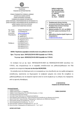 Ταχ. Δ/νση: Ανδρέα Παπανδρέου 37
Τ.Κ. – Πόλη: 151 80 Μαρούσι
Ιστοσελίδα: www.minedu.gov.gr
Πληροφορίες: Αν. Πασχαλίδου
Αν. Βάρλα (Δ.Ε.)
Φ. Λυμπεροπούλου (Ε.Α.Ε.)
Ο. Μαραγκού (Ε.Ε.)
Α. Ιορδάνου (Π.Ε.)
Τηλέφωνο: 210-3443272 (Δ.Ε.)
210-3442933 (Ε.Α.Ε.)
210-3442212 (Ε.Ε.)
210-3442247 (Π.Ε.)
ΘΕΜΑ: Παράταση εγγραφών εκπαιδευτικών και μαθητών στο ΠΣΔ
Σχετ.: Το με αρ. πρωτ. 39676/Δ2/20-03-2020 έγγραφο του Υ.ΠΑΙ.Θ.,
Το με αρ. πρωτ. 40269/Δ2/24-03-2020 έγγραφο του Υ.ΠΑΙ.Θ.
Σε συνέχεια των με αρ. πρωτ. 39676/Δ2/20-03-2020 και 40269/Δ2/24-03-2020 εγκυκλίων του
Υ.ΠΑΙ.Θ., σας ενημερώνουμε ότι οι εγγραφές εκπαιδευτικών και μαθητών/μαθητριών στο ΠΣΔ
μπορούν να συνεχιστούν έως και την Δευτέρα 06/04/2020.
Οι εκπαιδευτικοί στο διάστημα αυτό, σε συνεργασία με τους Διευθυντές και την ομάδα ασύγχρονης
εκπαίδευσης, προτείνεται να δημιουργούν τα ψηφιακά τμήματα στα οποία θα ενταχθούν οι
μαθητές/μαθήτριες και να αναρτούν σχετικό υλικό σε αυτά σύμφωνα με τις οδηγίες που παρέχονται
από τις σχετικές πλατφόρμες.
Εσωτερική Διανομή:
1. Γραφείο Υπουργού
2. Γραφείο Υφυπουργού κ. Σ. Ζαχαράκη
3. Γραφείο Γενικής Γραμματέως ΠΕ, ΔΕ & Ειδικής Αγωγής, κ. Α. Γκίκα
4. Αυτοτελής Δ/νση Ιδιωτικής Εκπ/σης
5. Αυτοτελές Τμήμα Πρότυπων και Πειραματικών Σχολείων
6. Δ/νση Θρησκευτικής Εκπαίδευσης- Τμήμα Εκκλησιαστικής Εκπαίδευσης και Θρησκευτικής Αγωγής
7. Δ/νση Π.Ο.Δ.Ε.Μ.Σ. Τμήμα Σπουδών, Προγραμμάτων, Οργάνωσης και Μαθητικών Θεμάτων
8. Δ/νση Ειδικής Αγωγής και Εκπαίδευσης – Τμ. Α΄, Β΄
9. Δ/νση Επαγγελματικής Εκπαίδευσης – Τμ. Α΄, Β΄
10. Δ/νση Σπουδών, Προγρ/των & Οργάνωσης Π.Ε., Τμ. Α΄,Β΄
11. Δ/νση Σπουδών, Προγραμμάτων & Οργάνωσης Δ.Ε. – Τμ. Α΄ και Β΄
ΑΚΡΙΒΕΣ ΑΝΤΙΓΡΑΦΟ
Βαθμός Ασφαλείας:
Να διατηρηθεί μέχρι:
Βαθ. Προτεραιότητας:
ΕΞ. ΕΠΕΙΓΟΝ
Αθήνα, 30-03-2020
Αρ. Πρωτ. 41600/Δ2
ΠΡΟΣ:
H ΥΦΥΠΟΥΡΓΟΣ
ΠΑΙΔΕΙΑΣ ΚΑΙ ΘΡΗΣΚΕΥΜΑΤΩΝ
ΣΟΦΙΑ ΖΑΧΑΡΑΚΗ
ΕΛΛΗΝΙΚΗ ΔΗΜΟΚΡΑΤΙΑ
ΥΠΟΥΡΓΕΙΟ
ΠΑΙΔΕΙΑΣ ΚΑΙ ΘΡΗΣΚΕΥΜΑΤΩΝ
-----
ΓΕΝΙΚΗ ΓΡΑΜΜΑΤΕΙΑ Π/ΘΜΙΑΣ, Δ/ΘΜΙΑΣ
ΕΚΠ/ΣΗΣ ΚΑΙ ΕΙΔΙΚΗΣ ΑΓΩΓΗΣ
ΓΕΝΙΚΗ ΔΙΕΥΘΥΝΣΗ ΣΠΟΥΔΩΝ
Π/ΘΜΙΑΣ ΚΑΙ Δ/ΘΜΙΑΣ ΕΚΠΑΙΔΕΥΣΗΣ
Δ/ΝΣΗ ΣΠΟΥΔΩΝ, ΠΡΟΓΡΑΜΜΑΤΩΝ ΚΑΙ ΟΡΓΑΝΩΣΗΣ Π.Ε.
Δ/ΝΣΗ ΣΠΟΥΔΩΝ, ΠΡΟΓΡΑΜΜΑΤΩΝ ΚΑΙ ΟΡΓΑΝΩΣΗΣ Δ.Ε.
Δ/ΝΣΗ ΕΙΔΙΚΗΣ ΑΓΩΓΗΣ ΚΑΙ ΕΚΠ/ΣΗΣ
Δ/ΝΣΗ ΕΠΑΓΓΕΛΜΑΤΙΚΗΣ ΕΚΠ/ΣΗΣ
 Περιφερειακές Δ/νσεις Εκπ/σης
 Συντονιστές Εκπ/κού Έργου (μέσω των
Περιφερειακών Δ/νσεων Εκπ/σης)
 Διευθύνσεις Π.Ε. & Δ.Ε.
 Σχολικές μονάδες Π.Ε., Δ.Ε. και ΣΜΕΑΕ
Π.Ε. & Δ.Ε. (μέσω των Δ/νσεων Π.Ε. &
Δ.Ε.)
 Σιβιτανίδειος Δημόσια Σχολή Τεχνών και
Επαγγελμάτων
info@sivitanidios.edu.gr
ANASTASIA PASCHALIDOU
2020.03.30 13:26:27
ANASTASIA PASCHALIDOU
CN=ANASTASIA PASCHALIDOU
C=GR
O=Hellenic Public Administration Certification Services
E=apaschalidou@minedu.gov.gr
Public key:
RSA/1024 bits
 