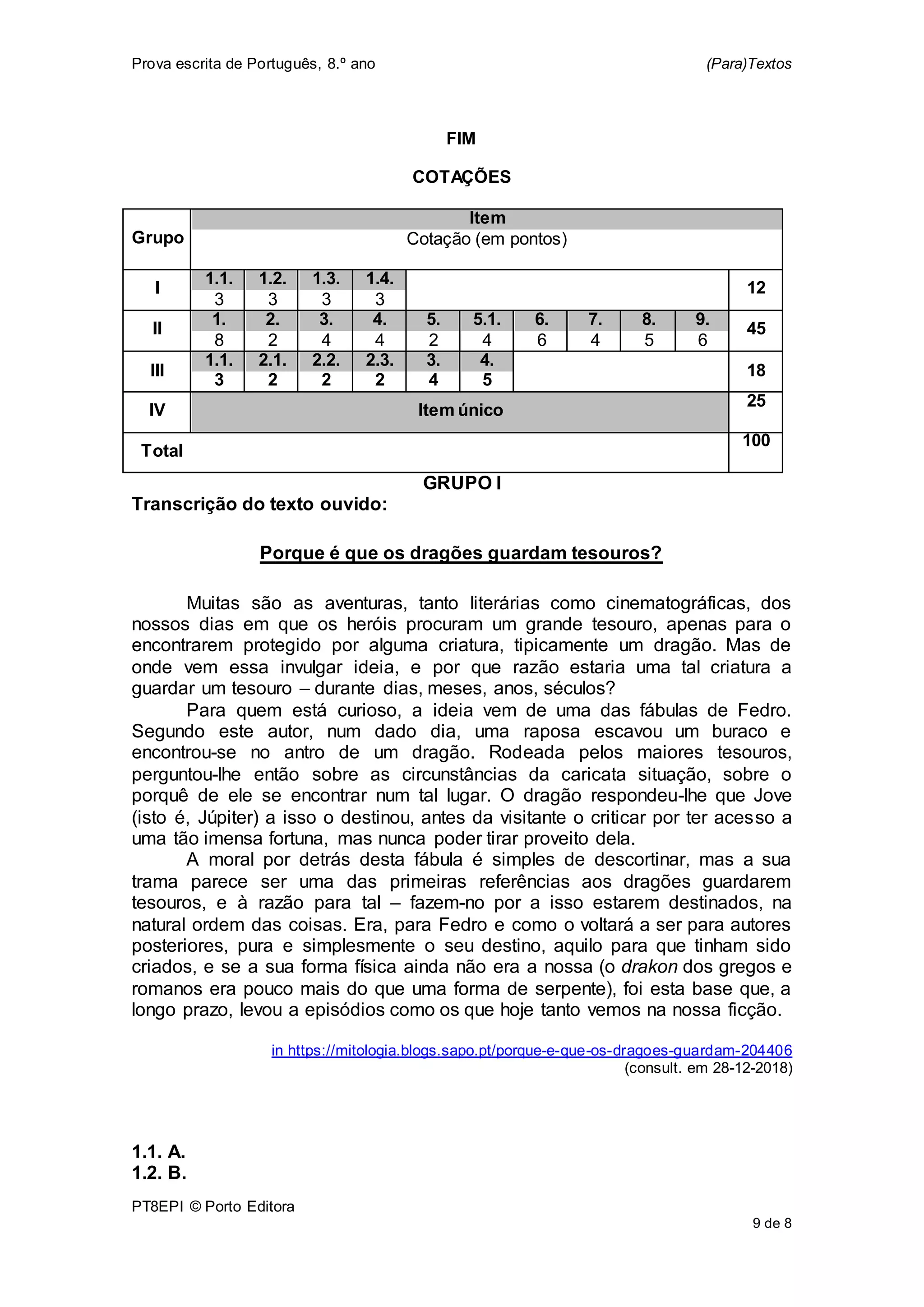 Prova escrita de Português, 8.º ano (Para)Textos
PT8EPI © Porto Editora
9 de 8
FIM
COTAÇÕES
Grupo
Item
Cotação (em pontos)
I
1.1. 1.2. 1.3. 1.4.
12
3 3 3 3
II
1. 2. 3. 4. 5. 5.1. 6. 7. 8. 9.
45
8 2 4 4 2 4 6 4 5 6
III
1.1. 2.1. 2.2. 2.3. 3. 4.
18
3 2 2 2 4 5
IV Item único
25
Total
100
GRUPO I
Transcrição do texto ouvido:
Porque é que os dragões guardam tesouros?
Muitas são as aventuras, tanto literárias como cinematográficas, dos
nossos dias em que os heróis procuram um grande tesouro, apenas para o
encontrarem protegido por alguma criatura, tipicamente um dragão. Mas de
onde vem essa invulgar ideia, e por que razão estaria uma tal criatura a
guardar um tesouro – durante dias, meses, anos, séculos?
Para quem está curioso, a ideia vem de uma das fábulas de Fedro.
Segundo este autor, num dado dia, uma raposa escavou um buraco e
encontrou-se no antro de um dragão. Rodeada pelos maiores tesouros,
perguntou-lhe então sobre as circunstâncias da caricata situação, sobre o
porquê de ele se encontrar num tal lugar. O dragão respondeu-lhe que Jove
(isto é, Júpiter) a isso o destinou, antes da visitante o criticar por ter acesso a
uma tão imensa fortuna, mas nunca poder tirar proveito dela.
A moral por detrás desta fábula é simples de descortinar, mas a sua
trama parece ser uma das primeiras referências aos dragões guardarem
tesouros, e à razão para tal – fazem-no por a isso estarem destinados, na
natural ordem das coisas. Era, para Fedro e como o voltará a ser para autores
posteriores, pura e simplesmente o seu destino, aquilo para que tinham sido
criados, e se a sua forma física ainda não era a nossa (o drakon dos gregos e
romanos era pouco mais do que uma forma de serpente), foi esta base que, a
longo prazo, levou a episódios como os que hoje tanto vemos na nossa ficção.
in https://mitologia.blogs.sapo.pt/porque-e-que-os-dragoes-guardam-204406
(consult. em 28-12-2018)
1.1. A.
1.2. B.
 
