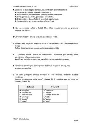 Prova escrita de Português, 8.º ano (Para)Textos
PT8EPI © Porto Editora
6 de 8
4. Seleciona as duas opções corretas, se acordo com o sentido do texto.
A. Smaug era obstinado, traiçoeiro e sarcástico.
B. Bilbo sentia-se desconfortável, confiante e cheio de energia.
C. Smaug era avassalador, generoso e encantador.
D. Bilbo sentia-se desconfortável, assustado e perturbado.
E. Smaug e Bilbo procuravam ambos o Santo Graal.
5. Na sua corajosa réplica, o hobbit Bilbo utiliza imprudentemente um pronome
pessoal. Identifica-o.
5.1. Demonstra como Smaug aproveita esse deslize verbal.
6. Smaug, rindo, sugere a Bilbo que roubar o seu tesouro é uma completa perda de
tempo.
Refere dois argumentos usados por Smaug nesse sentido.
7. O pequeno hobbit, apesar da desconfiança implantada por Smaug, tenta
permanecer fiel aos seus amigos.
Identifica o verdadeiro motivo que levou Bilbo ao esconderijo do dragão.
8. Refere qual a indesejada consequência da terrível reação de Smaug, nos
amedrontados anões.
9. No último parágrafo, Smaug descreve os seus atributos, utilizando diversas
metáforas.
Associa corretamente cada “arma” (Coluna A), à respetiva parte do corpo de
Smaug (Coluna B).
Coluna A Coluna B
A. “espadas”
B. “um furacão”
C. “dez escudos”
D. “um raio”
E. “lanças”
F. “morte”
1. “carapaça”
2. “dentes”
3. “choque da cauda”
4. “hálito”
5. “garras”
6. “asas”
 