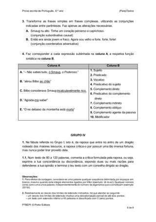 Prova escrita de Português, 8.º ano (Para)Textos
PT8EPI © Porto Editora
8 de 8
3. Transforma as frases simples em frases complexas, utilizando as conjunções
indicadas entre parênteses. Faz apenas as alterações necessárias.
A. Smaug riu alto. Tinha um coração perverso e caprichoso.
(conjunção subordinativa causal)
B. Então era ainda jovem e fraco. Agora sou velho e forte, forte, forte!
(conjunção coordenativa adversativa)
4. Faz corresponder a cada expressão sublinhada na coluna A, a respetiva função
sintática na coluna B.
Coluna A Coluna B
A. “– Não sabes tudo, ó Smaug, o Poderoso.”
B. “atirou Bilbo ao chão”
C. Bilbo considerava Smaug incalculavelmente rico.
D. “Agrada-me saber”
E. “O rei debaixo da montanha está morto”
1. Sujeito
2. Predicado
3. Vocativo
4. Predicativo do sujeito
5. Complemento direto
6. Predicativo do complemento
direto
7. Complemento indireto
8. Complemento oblíquo
9. Complemento agente da passiva
10. Modificador
GRUPO IV
1. Na fábula referida no Grupo I, isto é, da raposa que entra no antro de um dragão
rodeado dos maiores tesouros, a raposa critica-o por possuir uma tão imensa fortuna,
mas nunca poder tirar proveito dela.
1.1. Num texto de 80 a 120 palavras, comenta a crítica formulada pela raposa, ou seja,
exprime a tua concordância ou discordância, expondo duas ou mais razões para
defenderes a tua opinião e termina o teu texto com um conselho dirigido ao dragão.
Observações:
1. Para efeitos de contagem,considera-se uma palavra qualquer sequência delimitada por espaços em
branco,mesmo quando esta integre elementos ligados por hífen (exemplo: /di-lo-ei/). Qualquer número
conta como uma única palavra,independentemente do número de algarismos que o constituam (exemplo:
/2019/).
2. Relativamente ao desvio dos limites de extensão indicados, há que atender ao seguinte:
– um desvio dos limites de extensão implica uma desvalorização parcial de até dois pontos;
– um texto com extensão inferior a 40 palavras é classificado com 0 (zero) pontos.
 