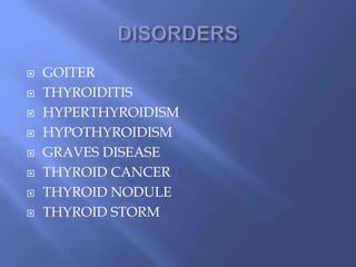  GOITER
 THYROIDITIS
 HYPERTHYROIDISM
 HYPOTHYROIDISM
 GRAVES DISEASE
 THYROID CANCER
 THYROID NODULE
 THYROID STORM
 