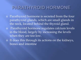  Parathyroid hormone is secreted from the four
parathyroid glands, which are small glands in
the neck, located behind the thyroid gland.
 Parathyroid hormone regulates calcium levels
in the blood, largely by increasing the levels
when they are too low.
 It does this through its actions on the kidneys,
bones and intestine
 