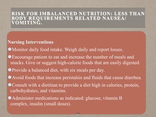 Nursing Interventions
Monitor daily food intake. Weigh daily and report losses.
Encourage patient to eat and increase the number of meals and
snacks. Give or suggest high-calorie foods that are easily digested.
Provide a balanced diet, with six meals per day.
Avoid foods that increase peristalsis and fluids that cause diarrhea.
Consult with a dietitian to provide a diet high in calories, protein,
carbohydrates, and vitamins.
Administer medications as indicated: glucose, vitamin B
complex, insulin (small doses).
44
RISK FOR IMBALANCED NUTRITION: LESS THAN
BODY REQUIREMENTS RELATED NAUSEA/
VOMITING.
 