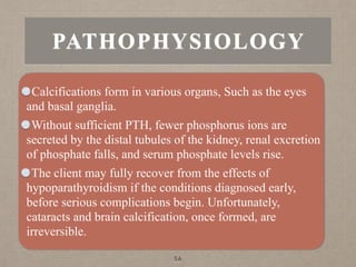 PATHOPHYSIOLOGY
Calcifications form in various organs, Such as the eyes
and basal ganglia.
Without sufficient PTH, fewer phosphorus ions are
secreted by the distal tubules of the kidney, renal excretion
of phosphate falls, and serum phosphate levels rise.
The client may fully recover from the effects of
hypoparathyroidism if the conditions diagnosed early,
before serious complications begin. Unfortunately,
cataracts and brain calcification, once formed, are
irreversible.
56
 