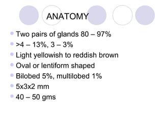ANATOMY
Two pairs of glands 80 – 97%
>4 – 13%, 3 – 3%
Light yellowish to reddish brown
Oval or lentiform shaped
Bilobed 5%, multilobed 1%
5x3x2 mm
40 – 50 gms
 
