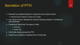 Secretion of PTH:
 Secreted by parathyroid gland in response to low calcium levels.
 Normal level of calcium in blood is 9.4 mg/dl.
 Low calcium level is detected by Calcium Sensing receptor in Parathyroid
cell membrane.
 Parathyroid Gland has Two types of cells:
 Chief cells.
 Oxyphil cells.
 Chief cells mostly secrete the PTH.
 Oxyphil are modified or depleted form of chief cells.
4
 