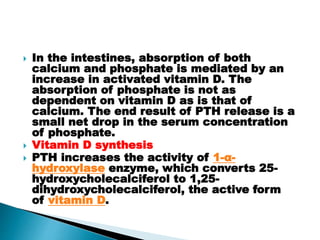  In the intestines, absorption of both
calcium and phosphate is mediated by an
increase in activated vitamin D. The
absorption of phosphate is not as
dependent on vitamin D as is that of
calcium. The end result of PTH release is a
small net drop in the serum concentration
of phosphate.
 Vitamin D synthesis
 PTH increases the activity of 1-α-
hydroxylase enzyme, which converts 25-
hydroxycholecalciferol to 1,25-
dihydroxycholecalciferol, the active form
of vitamin D.
 