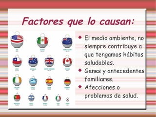 Factores que lo causan: 
 El medio ambiente, no 
siempre contribuye a 
que tengamos hábitos 
saludables. 
 Genes y antecedentes 
familiares. 
 Afecciones o 
problemas de salud. 
 