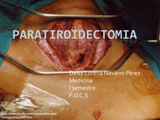 PARATIROIDECTOMIA

                                          Deisy Lorena Navarro Pérez
                                          Medicina
                                          I semestre
                                          F.U.C.S

http://www.sc.ehu.es/scrwwwsr/kirurgia/
Kirurgia20041/TxP.htm
 