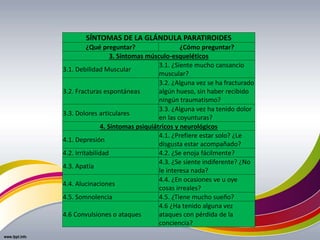 SÍNTOMAS DE LA GLÁNDULA PARATIROIDES
¿Qué preguntar? ¿Cómo preguntar?
3. Síntomas músculo-esqueléticos
3.1. Debilidad Muscular
3.1. ¿Siente mucho cansancio
muscular?
3.2. Fracturas espontáneas
3.2. ¿Alguna vez se ha fracturado
algún hueso, sin haber recibido
ningún traumatismo?
3.3. Dolores articulares
3.3. ¿Alguna vez ha tenido dolor
en las coyunturas?
4. Síntomas psiquiátricos y neurológicos
4.1. Depresión
4.1. ¿Prefiere estar solo? ¿Le
disgusta estar acompañado?
4.2. Irritabilidad 4.2. ¿Se enoja fácilmente?
4.3. Apatía
4.3. ¿Se siente indiferente? ¿No
le interesa nada?
4.4. Alucinaciones
4.4. ¿En ocasiones ve u oye
cosas irreales?
4.5. Somnolencia 4.5. ¿Tiene mucho sueño?
4.6 Convulsiones o ataques
4.6 ¿Ha tenido alguna vez
ataques con pérdida de la
conciencia?
 