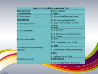 SIGNOS DE LA GLÁNDULA PARATIROIDES
Datos Generales Examen Regional
1. Tensión arterial 3. Cabeza
1.1. Hipertensión 3.1. Hiperostosis huesos del cráneo
2.Piel y faneras 3.2. Tumores maxilares (épulis)
2.1. Piel seca, escamosa
3.3. Signos de Trousseau y Chvostek
positivos
2.2. Piel pigmentada
3.4. Ojos
3.4.1. Queratitis
3.4.2. Calcificaciones Subconjuntivales
2.3. Uñas pigmentadas
3.4.3. Catarata
3.5. Boca
3.5.1. Hipoplasia de raíces dentales
2.4. Infección de años por hongos
(monolias)
4. Cuello
4.1. Palpación de tumores paratiroideos
5. Tórax
2.5. Caída del Cabello
5.1. Columna Dorsal (Cifosis)
6. Extremidades
6.1. Dedos hipocráticos y deformados
 