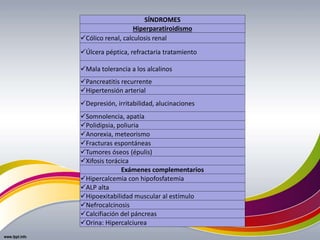SÍNDROMES
Hiperparatiroidismo
Cólico renal, calculosis renal
Úlcera péptica, refractaria tratamiento
Mala tolerancia a los alcalinos
Pancreatitis recurrente
Hipertensión arterial
Depresión, irritabilidad, alucinaciones
Somnolencia, apatía
Polidipsia, poliuria
Anorexia, meteorismo
Fracturas espontáneas
Tumores óseos (épulis)
Xifosis torácica
Exámenes complementarios
Hipercalcemia con hipofosfatemia
ALP alta
Hipoexitabilidad muscular al estímulo
Nefrocalcinosis
Calcifiación del páncreas
Orina: Hipercalciurea
 