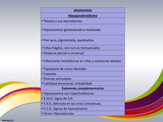 SÍNDROMES
Hipoparatiroidismo
Tetania o sus equivalentes
Hipersostosis generalizada o localizada
Piel seca, pigmentada, quebradiza
Uñas frágiles, con surcos transversales
Alopecia parcial o universal
Infecciones moniliásicas en uñas y comisuras labiales
Hipoplasia de raíces dentales
Catarata
Dolores articulares
Labilidad emocional, irritabilidad
Exámenes complementarios
Hipocalcemia con hiperfosfatemia
E.M.G. Signo de Erb
E.E.G. Alterado en las crisis convulsivas
E.C.G. Signos de hipocalcemia
Orina: Hipocalciurea
 
