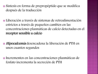  Síntesis en forma de prepropéptido que se modifica
después de la traducción
 Liberación a través de sistemas de retroalimentación
estrictos a través de pequeños cambios en las
concentraciones plasmáticas de calcio detectadas en el
receptor sensible a calcio
 Hipocalcemia desencadena la liberación de PTH en
unos cuantos segundos
 Incrementos en las concentraciones plasmáticas de
fosfato incrementa la secreción de PTH
 
