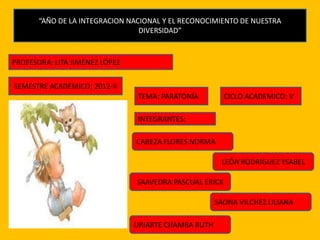 “AÑO DE LA INTEGRACION NACIONAL Y EL RECONOCIMIENTO DE NUESTRA
                                 DIVERSIDAD”


PROFESORA: LITA JIMENEZ LÓPEZ

SEMESTRE ACADEMICO: 2012-II
                                TEMA: PARATONÍA          CICLO ACADEMICO: V

                                INTEGRANTES:

                                CABEZA FLORES NORMA

                                                       LEÓN RODRIGUEZ YSABEL

                                SAAVEDRA PASCUAL ERICK

                                                      SAONA VILCHEZ LILIANA

                                URIARTE CHAMBA RUTH
 