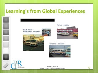 10
www.civitas.in
www.chennaicityconnect.com
Learning's from Global Experiences
 