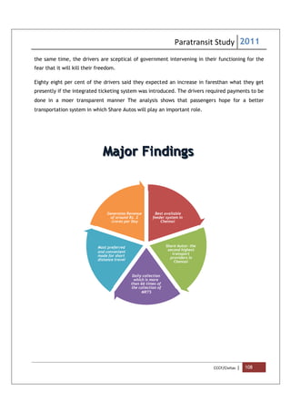 Paratransit Study 2011
CCCF/Civitas | 108
the same time, the drivers are sceptical of government intervening in their functioning for the
fear that it will kill their freedom.
Eighty eight per cent of the drivers said they expected an increase in faresthan what they get
presently if the integrated ticketing system was introduced. The drivers required payments to be
done in a moer transparent manner The analysis shows that passengers hope for a better
transportation system in which Share Autos will play an important role.
MMMaaajjjooorrr FFFiiinnndddiiinnngggsss
Best available
feeder system in
Chennai
Share Autos- the
second highest
transport
providers in
Chennai
Daily collection
which is more
than 66 times of
the collection of
MRTS
Most preferred
and convenient
mode for short
distance travel
Generates Revenue
of around Rs. 2
crores per Day
 