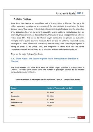 Paratransit Study 2011
CCCF/Civitas | 109
7. Major Findings
Share Autos have become an unavoidable part of transportation in Chennai. They carry 1.8
million passengers everyday and are considered the most desirable transportation for short-
distance travel. They provide first-mile-last mile connectivity at affordable fares for all sections
of the population. However, the sector is plagued by several problems, mainly because they are
ignored by the government. As discussed earlier, the issuing of Share Autos permits has not been
revised since 2001. This has led to informal players coming into the picture and authorities
failing to enforce quality assurance measures. Fares are also not uniformly structured, leaving
passengers in a limbo. Drivers also lack security and are always under threat of getting fined or
having to bribes to the police. Thus, the integration of Share Autos into the formal
transportation system will definitely act as a boon for all the stakeholders in the sector.
These are the major findings of the Study:
7.1. Share Autos - The Second Highest Public Transportation Provider in
Chennai
The Study revealed that Share Autos were the second largest providers of transportation in
Chennai. The table given below shows the number of passengers catered to by different
transportation modes in the city.
Table 16: Number of Passengers Served by Various Types of Transportation Modes
Category Number of Passengers Served (Daily)
MTC 5.8 Million
Share Autos 1.8 Million
Autos 1.5 Million
Suburban Trains 0.9 Million
MRTS 70,000
 