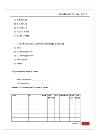 Paratransit Study 2011
CCCF/Civitas | 170
e) `.41 to `.50
f) `.51 to `.60
g) `.61 to `. 75
h) `. 76 to `. 100
i) `. 101 to ` 150
4.How frequently do you travel? (connect to question 2)
a) Daily
b) 5-6 times per week
c) 2 – 3 times per week
d) Once a week
e) Others
5.Is your normal route of travel?
From destination: _________________
To Destination: _________________
6.Modes of transport used in route of travel?
From To Walk Two
Wheeler
Bus TrainAuto Share
Auto
Tata
Magic
 