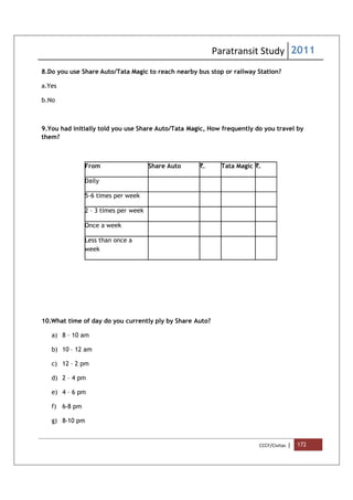 Paratransit Study 2011
CCCF/Civitas | 172
8.Do you use Share Auto/Tata Magic to reach nearby bus stop or railway Station?
a.Yes
b.No
9.You had initially told you use Share Auto/Tata Magic, How frequently do you travel by
them?
From Share Auto `. Tata Magic `.
Daily
5-6 times per week
2 – 3 times per week
Once a week
Less than once a
week
10.What time of day do you currently ply by Share Auto?
a) 8 – 10 am
b) 10 – 12 am
c) 12 – 2 pm
d) 2 – 4 pm
e) 4 – 6 pm
f) 6-8 pm
g) 8-10 pm
 