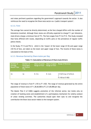Paratransit Study 2011
CCCF/Civitas | 79
and raises pertinent questions regarding the government’s approach towards the sector. It also
reinforces the need to recognise the Share Auto sector as a ‘public transport system’.
6.3.2. Fare
The average fare cannot be directly determined, as the fare charged differs with the number of
kilometres travelled. Although Share Autos are officially expected to charge ` 1 per kilometre,
most drivers charge a minimum fare of ` 5. The fare ranges from ` 5 to ` 15. This Study revealed
that fares differed with routes, depending on traffic jams or the prevalence of regular traffic
police checks.
In the Study, ` 7.5 and `12.5, which is the ‘means’ of the lower range (5-10) and upper range
(10-15) of fare, are taken as the lower and upper range of fare. The income of Share Autos is
calculated on the basis of this.
6.3.3. Revenue Earned by Share Autos per Day
Table 11: Calculation of Revenue of Share Auto Drivers
Number of
Average
Round Trips
Number of
Passengers
per Round
Trip
Mean of Lower
Range of Fare
Mean of Upper
Range of Fare
Range of Revenue
11 14 `. 7.5 `. 12.5 11*14*7.5 to 11*14*12.5
=
`.1155 to `.1925
The range of revenue is from ` 1,155 to ` 1,925. The range of revenue generated by the entire
population of Share Autos is ` 1,38,60,000 to ` 2,31,00,000 per day.
The Master Plan II of CMDA suggests promotion of the informal sector, but insists only on
creation of hawking zones and establishment of a participatory mechanism for orderly conduct
of urban vending activities. The authorities should open their eyes to and recognise the
contribution the Share Auto sector makes to the transport system.
 