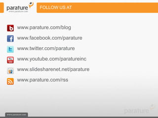 FOLLOW US AT



www.parature.com/blog

www.facebook.com/parature

www.twitter.com/parature

www.youtube.com/paratureinc

www.slidesharenet.net/parature

www.parature.com/rss
 