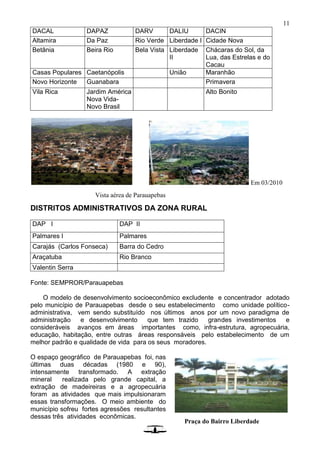 11
DACAL DAPAZ DARV DALIU DACIN
Altamira Da Paz Rio Verde Liberdade I Cidade Nova
Betânia Beira Rio Bela Vista Liberdade
II
Chácaras do Sol, da
Lua, das Estrelas e do
Cacau
Casas Populares Caetanópolis União Maranhão
Novo Horizonte Guanabara Primavera
Vila Rica Jardim América
Nova Vida-
Novo Brasil
Alto Bonito
Em 03/2010
DISTRITOS ADMINISTRATIVOS DA ZONA RURAL
DAP I DAP II
Palmares I Palmares
Carajás (Carlos Fonseca) Barra do Cedro
Araçatuba Rio Branco
Valentin Serra
Fonte: SEMPROR/Parauapebas
O modelo de desenvolvimento socioeconômico excludente e concentrador adotado
pelo município de Parauapebas desde o seu estabelecimento como unidade político-
administrativa, vem sendo substituído nos últimos anos por um novo paradigma de
administração e desenvolvimento que tem trazido grandes investimentos e
consideráveis avanços em áreas importantes como, infra-estrutura, agropecuária,
educação, habitação, entre outras áreas responsáveis pelo estabelecimento de um
melhor padrão e qualidade de vida para os seus moradores.
O espaço geográfico de Parauapebas foi, nas
últimas duas décadas (1980 e 90),
intensamente transformado. A extração
mineral realizada pelo grande capital, a
extração de madeireiras e a agropecuária
foram as atividades que mais impulsionaram
essas transformações. O meio ambiente do
município sofreu fortes agressões resultantes
dessas três atividades econômicas.
Praça do Bairro Liberdade
Vista aérea de Parauapebas
 
