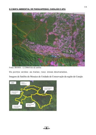 118
8.2 MAPA AMBIENTAL DE PARAUAPEBAS, CARAJÁS E APA
Fonte: IBAMA –12-2006/Foto de satélite
Os pontos verdes: as matas; roso: áreas desmatadas.
Imagens de Satélite do Mosaico de Unidade de Conservação da região de Carajás
Floresta Nacional
do Tapirapé-
Aquiri
Floresta Nacional
do Itacaiúnas
Floresta Nacional
de Carajás
Área de Proteção do
Igarapé-Gelado
Reserva
Biológica do
Tapirapé
1985
 