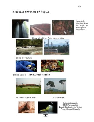 129
RIQUEZAS NATURAIS DA REGIÃO
Mina N5 -6km. Foto de satélite
Serra do Cururu
Linha verde – IBAMA 0800-618080
Fazenda Serra Azul Castanheira
Extração de
minériona Serra
dos Carajás, no
Município de
Parauapebas.
Fotos cedidas pelo
CEAP/Parauapebas
Local: Cachoeira do Urubu
Fonte: Helder Messiahs
 