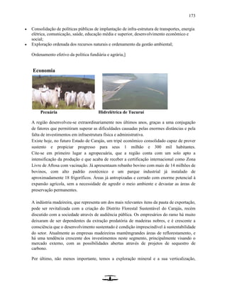 173
 Consolidação de políticas públicas de implantação de infra-estrutura de transportes, energia
elétrica, comunicação, saúde, educação média e superior, desenvolvimento econômico e
social;
 Exploração ordenada dos recursos naturais e ordenamento da gestão ambiental;
Ordenamento efetivo da política fundiária e agrária;]
Economia
Pecuária Hidrelétrica de Tucuruí
A região desenvolveu-se extraordinariamente nos últimos anos, graças a uma conjugação
de fatores que permitiram superar as dificuldades causadas pelas enormes distâncias e pela
falta de investimentos em infraestrutura física e administrativa.
Existe hoje, no futuro Estado de Carajás, um tripé econômico consolidado capaz de prover
sustento e propiciar progresso para seus 1 milhão e 300 mil habitantes.
Cite-se em primeiro lugar a agropecuária, que a região conta com um solo apto a
intensificação da produção e que acaba de receber a certificação internacional como Zona
Livre de Aftosa com vacinação. Já apresentaum rebanho bovino com mais de 14 milhões de
bovinos, com alto padrão zootécnico e um parque industrial já instalado de
aproximadamente 18 frigoríficos. Áreas já antropizadas e cerrado com enorme potencial à
expansão agrícola, sem a necessidade de agredir o meio ambiente e devastar as áreas de
preservação permanentes.
A indústria madeireira, que representa um dos mais relevantes itens da pauta de exportação,
pode ser revitalizada com a criação do Distrito Florestal Sustentável do Carajás, recém
discutido com a sociedade através de audiência pública. Os empresários do ramo há muito
deixaram de ser dependentes da extração predatória de madeiras nobres, e é crescente a
consciência que o desenvolvimento sustentado é condição imprescindível à sustentabilidade
do setor. Atualmente as empresas madeireiras mantêmgrandes áreas de reflorestamento, e
há uma tendência crescente dos investimentos neste segmento, principalmente visando o
mercado externo, com as possibilidades abertas através de projetos de sequestro de
carbono.
Por último, não menos importante, temos a exploração mineral e a sua verticalização,
 