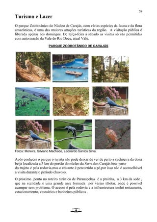 59
Turismo e Lazer
O parque Zoobotânico do Núcleo de Carajás, com várias espécies da fauna e da flora
amazônicas, é uma das maiores atrações turísticas da região. A visitação pública é
liberada apenas aos domingos. De terça-feira a sábado as visitas só são permitidas
com autorização da Vale do Rio Doce, atual Vale.
PARQUE ZOOBOTÂNICO DE CARAJÁS
Fotos: Moreira, Silviano Machado, Leonardo Santos Silva
Após conhecer o parque o turista não pode deixar de ver de perto a cachoeira da dona
beija localizada a 3 km do portão do núcleo da Serra dos Carajás boa parte
do trajeto é pela rodovia,mas o restante é percorrido a pé,por isso não é aconselhável
a visita durante o período chuvoso.
O próximo ponto no roteiro turístico de Parauapebas é a prainha, a 3 km da sede ,
que na realidade é uma grande área formada por várias ilhotas, onde é possível
acampar sem problema. O acesso é pela rodovia e a infraestrutura inclui restaurante,
estacionamento, vestuários e banheiros públicos .
 