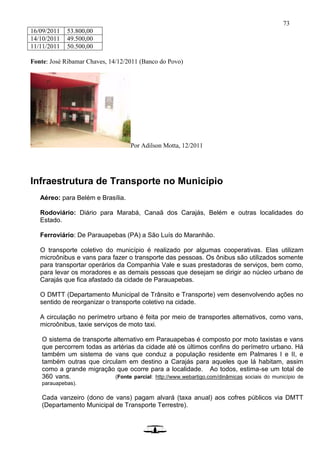 73
16/09/2011 53.800,00
14/10/2011 49.500,00
11/11/2011 50.500,00
Fonte: José Ribamar Chaves, 14/12/2011 (Banco do Povo)
Por Adilson Motta, 12/2011
Infraestrutura de Transporte no Município
Aéreo: para Belém e Brasília.
Rodoviário: Diário para Marabá, Canaã dos Carajás, Belém e outras localidades do
Estado.
Ferroviário: De Parauapebas (PA) a São Luís do Maranhão.
O transporte coletivo do município é realizado por algumas cooperativas. Elas utilizam
microônibus e vans para fazer o transporte das pessoas. Os ônibus são utilizados somente
para transportar operários da Companhia Vale e suas prestadoras de serviços, bem como,
para levar os moradores e as demais pessoas que desejam se dirigir ao núcleo urbano de
Carajás que fica afastado da cidade de Parauapebas.
O DMTT (Departamento Municipal de Trânsito e Transporte) vem desenvolvendo ações no
sentido de reorganizar o transporte coletivo na cidade.
A circulação no perímetro urbano é feita por meio de transportes alternativos, como vans,
microônibus, taxie serviços de moto taxi.
O sistema de transporte alternativo em Parauapebas é composto por moto taxistas e vans
que percorrem todas as artérias da cidade até os últimos confins do perímetro urbano. Há
também um sistema de vans que conduz a população residente em Palmares I e II, e
também outras que circulam em destino a Carajás para aqueles que lá habitam, assim
como a grande migração que ocorre para a localidade. Ao todos, estima-se um total de
360 vans. (Fonte parcial: http://www.webartigo.com/dinâmicas sociais do município de
parauapebas).
Cada vanzeiro (dono de vans) pagam alvará (taxa anual) aos cofres públicos via DMTT
(Departamento Municipal de Transporte Terrestre).
 