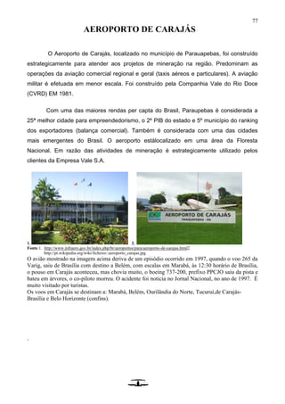 77
AEROPORTO DE CARAJÁS
O Aeroporto de Carajás, localizado no município de Parauapebas, foi construído
estrategicamente para atender aos projetos de mineração na região. Predominam as
operações da aviação comercial regional e geral (taxis aéreos e particulares). A aviação
militar é efetuada em menor escala. Foi construído pela Companhia Vale do Rio Doce
(CVRD) EM 1981.
Com uma das maiores rendas per capta do Brasil, Paraupebas é considerada a
25ª melhor cidade para empreendedorismo, o 2º PIB do estado e 5º município do ranking
dos exportadores (balança comercial). Também é considerada com uma das cidades
mais emergentes do Brasil. O aeroporto estálocalizado em uma área da Floresta
Nacional. Em razão das atividades de mineração é estrategicamente utilizado pelos
clientes da Empresa Vale S.A.
1. 2.
Fonte:1. http://www.infraero.gov.br/index.php/br/aeroportos/para/aeroporto-de-carajas.html2.
http://pt.wikipedia.org/wiki/ficheiro::aeroporto_carajas.jpg
O avião mostrado na imagem acima deriva de um episódio ocorrido em 1997, quando o voo 265 da
Varig, saiu de Brasília com destino a Belém, com escalas em Marabá, às 12:30 horário de Brasília,
o pouso em Carajás aconteceu, mas chovia muito, o boeing 737-200, prefixo PPCJO saiu da pista e
bateu em árvores, o co-piloto morreu. O acidente foi noticia no Jornal Nacional, no ano de 1997. É
muito visitado por turistas.
Os voos em Carajás se destinam a: Marabá, Belém, Ourilândia do Norte, Tucuruí,de Carajás-
Brasília e Belo Horizonte (confins).
.
 