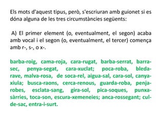 Els mots d'aquest tipus, però, s'escriuran amb guionet si es
dóna alguna de les tres circumstàncies següents:

A) El primer element (o, eventualment, el segon) acaba
amb vocal i el segon (o, eventualment, el tercer) comença
amb r-, s-, o x-.

barba-roig, cama-roja, cara-rugat, barba-serrat, barra-
sec, penya-segat, cara-xuclat; poca-roba, bleda-
rave, malva-rosa, de soca-rel, aigua-sal, cara-sol, canya-
xiula; busca-raons, cerca-renous, guarda-roba, penja-
robes, esclata-sang, gira-sol, pica-soques, punxa-
sàrries, toca-son, escura-xemeneies; anca-rossegant; cul-
de-sac, entra-i-surt.
 