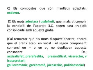 C) Els compostos que són manlleus adaptats.
exdevot.

 D) Els mots adesiara i usdefruit, que, malgrat complir
la condició de l'apartat 3.C, tenen una tradició
consolidada amb aquesta grafia.

(Cal remarcar que els mots d'aquest apartat, encara
que el prefix acabi en vocal i el segon component
comenci en r- o en s-, no dupliquen aquesta
consonant.                                          Ex.:
arxisatisfet, prerafaelita, presantificat, vicerector, v
icesecretari;
gal·loromànic, grecoromà, jocoseriós, politicosocial)
 