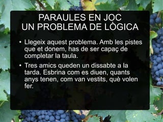 PARAULES EN JOC UN PROBLEMA DE LÒGICA ,[object Object],[object Object]