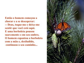 Então o homem começou a chorar e a se desesperar: -- Deus, toque-me e deixe-me sentir que você está aqui. E uma borboleta pousou suavemente e em seu ombro. O homem espantou a borboleta com a mão e, desiludido,  continuou o seu caminho... 