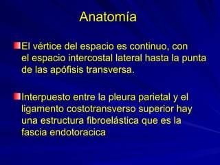 Anatomía

El vértice del espacio es continuo, con
el espacio intercostal lateral hasta la punta
de las apófisis transversa.

Interpuesto entre la pleura parietal y el
ligamento costotransverso superior hay
una estructura fibroelástica que es la
fascia endotoracica
 