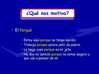 ¿Qué nos motiva?


• El Porqué

     •   Estoy aquí porque no tengo opción.
     •   Trabajo porque quiero salir de pobre.
     •   Le hago caso porque es mi jefe.
     •   No doy mi opinión porque no estoy seguro y
         que van a pensar de mi
 