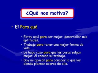¿Qué nos motiva?

• El Para qué

    • Estoy aquí para ser mejor, desarrollar mis
      aptitudes.
    • Trabajo para tener una mejor forma de
      vida.
    • Le hago caso para que las cosas salgan
      mejor, él conoce su trabajo.
    • Doy mi opinión para conocer lo que los
      demás piensan acerca de ella.
 