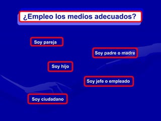 ¿Empleo los medios adecuados?


  Soy pareja

                        Soy padre o madre

          Soy hijo


                     Soy jefe o empleado



  Soy ciudadano
 