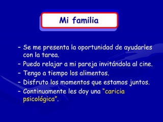 Mi familia


– Se me presenta la oportunidad de ayudarles
  con la tarea.
– Puedo relajar a mi pareja invitándola al cine.
– Tengo a tiempo los alimentos.
– Disfruto los momentos que estamos juntos.
– Continuamente les doy una “caricia
  psicológica”.
 