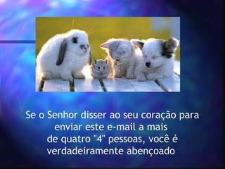 Se o Senhor disser ao seu coração para
enviar este e-mail a mais 
de quatro "4" pessoas, você é
verdadeiramente abençoado

 