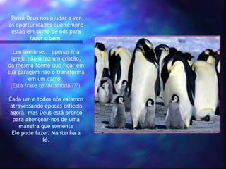 Possa Deus nos ajudar a ver
as oportunidades que sempre
estão em torno de nós para
fazer o bem.
Lembrem-se... apenas ir à
igreja não o faz um cristão,
da mesma forma que ficar em
sua garagem não o transforma
em um carro.
(Esta frase te incomoda ???)
Cada um e todos nós estamos
atravessando épocas difíceis
agora, mas Deus está pronto
para abençoar-nos de uma
maneira que somente
Ele pode fazer. Mantenha a
fé.
 
