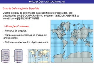 PROJEÇÕES CARTOGRÁFICASPROJEÇÕES CARTOGRÁFICAS
Grau de Deformação da Superfície
Quanto ao grau de deformação das superfícies representadas, são
classificadas em: [1] CONFORMES ou isogonais, [2] EQUIVALENTES ou
isométricas e [3] EQÜIDISTANTES.
1- Projeções Conformes
- Preserva os ângulos.
- Paralelos e os meridianos se cruzam em
ângulos retos
- Distorce-se a forma dos objetos no mapa
 