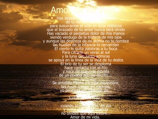 Amor de mi Vida Has dejado entreabierto el retozo de tu mirada elocuente para susurrarme al oído en ecos diáfanos que el brazado de tu amor nunca será olvido Has vaciado el perpetuo dolor de mis manos siendo verdugo de la tristeza de mis ojos y aunque las destreza de mi atonía no te nombra las huellas de la infancia te recuerdan El viento le quita palabras a tu boca Para cifrarle un verso al sol y la luna que tanto admiras se apoya en la línea de la vida de tu dedos El brío de tu ser se desploma hace contacto con el frío y nace de nuevo la estrofa de un poema aún no escrito...  Se arrodilla frente a ti este noviembre, las rosas crecen sin espinas, yo prometo ser partícipe de... tus alegrías Juntas desde toda... la vida cuando sea de noche, de día y estés solo con tu herida no olvides que aquí estaré... Amor de mi vida.  