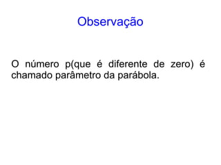 Observação


O número p(que é diferente de zero) é
chamado parâmetro da parábola.
 