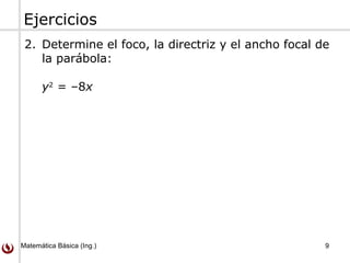 Matemática Básica (Ing.) 9
Ejercicios
2. Determine el foco, la directriz y el ancho focal de
la parábola:
y2
= –8x
 