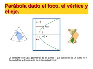 Parábola dado el foco, el vértice yParábola dado el foco, el vértice y
el eje.el eje.
La parábola es el lugar geométrico de los puntos P que equidistan de un punto fijo F
llamado foco y de una recta fija d, llamada directriz.
 